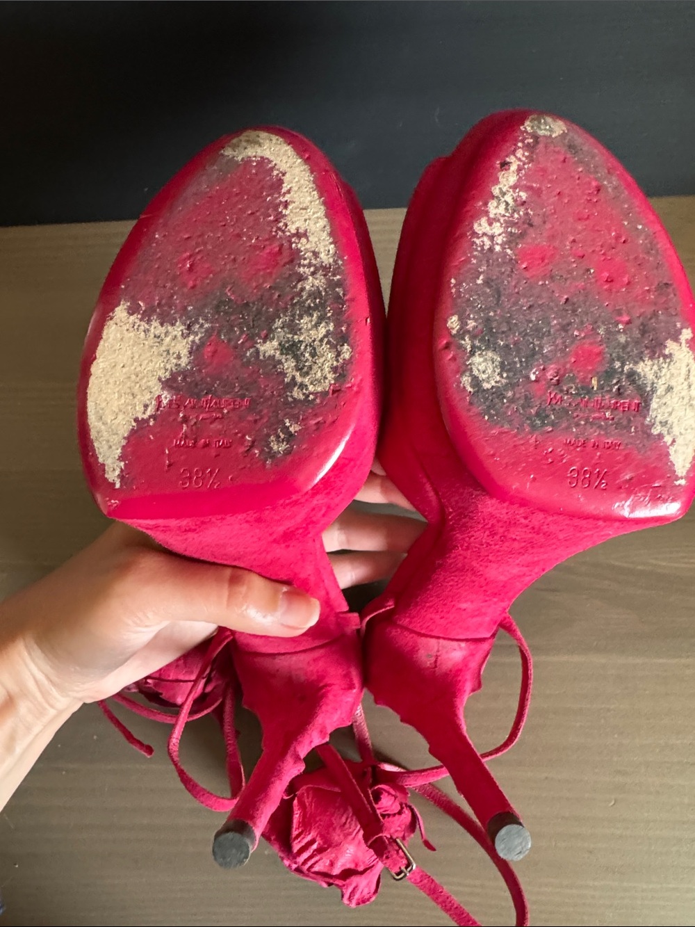 Saint Laurent Red Suede Peep-Toe Stiletto Sandals with Rosette - Picture 7 of 12